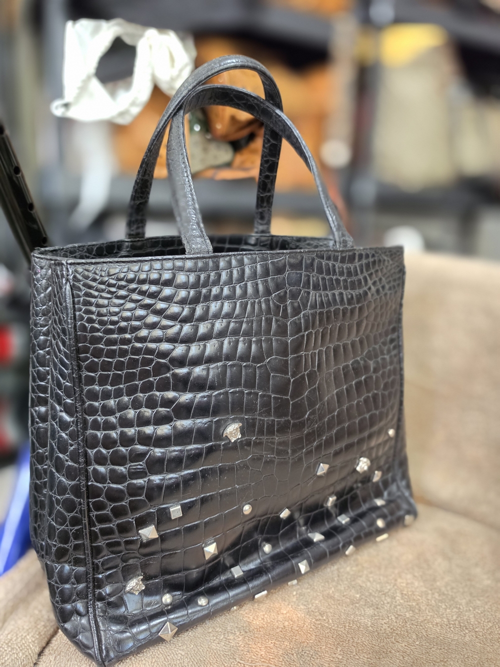 Authentic Vintage Gianni Versace Black Crocodile-embossed Leather Mini Tote Bag